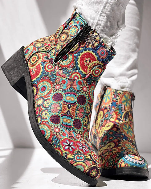 Vintage Floral Tribal Pattern Zipper Back Ankle Boots Multicolor