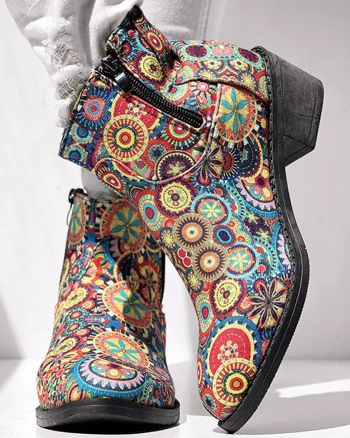 Vintage Floral Tribal Pattern Zipper Back Ankle Boots Multicolor