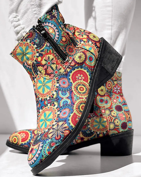 Vintage Floral Tribal Pattern Zipper Back Ankle Boots Multicolor