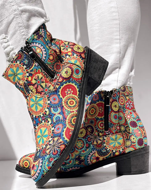 Vintage Floral Tribal Pattern Zipper Back Ankle Boots Multicolor