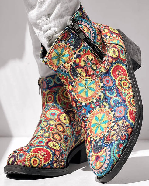 Vintage Floral Tribal Pattern Zipper Back Ankle Boots Multicolor