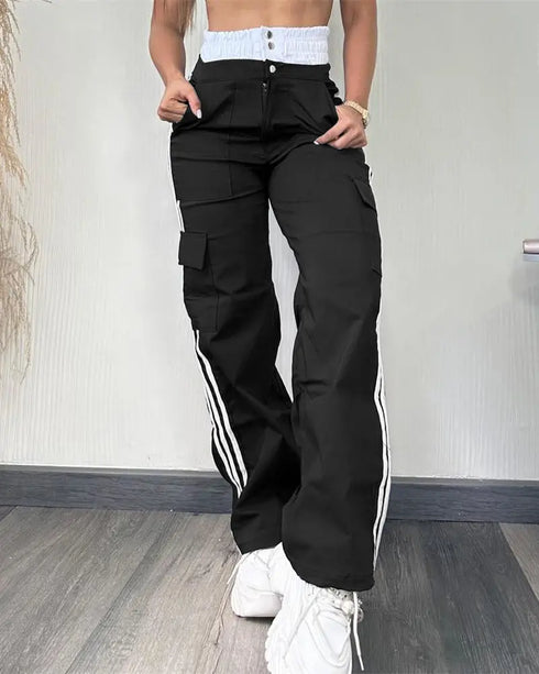 Contrast Side Striped Zipper Fly Stretchy High Waist Pants Flap Pockets Design Double Waistband Cargo Pants black