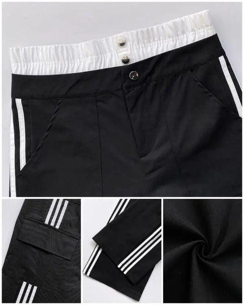 Contrast Side Striped Zipper Fly Stretchy High Waist Pants Flap Pockets Design Double Waistband Cargo Pants black