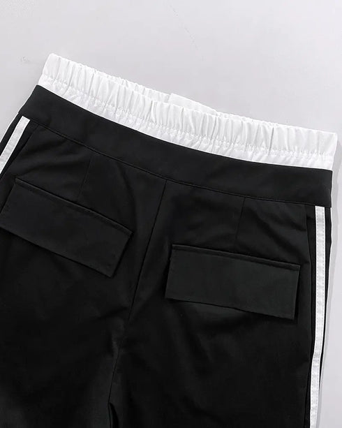 Contrast Side Striped Zipper Fly Stretchy High Waist Pants Flap Pockets Design Double Waistband Cargo Pants black