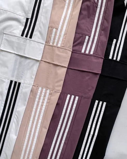 Contrast Side Striped Zipper Fly Stretchy High Waist Pants Flap Pockets Design Double Waistband Cargo Pants black