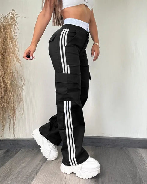 Contrast Side Striped Zipper Fly Stretchy High Waist Pants Flap Pockets Design Double Waistband Cargo Pants black