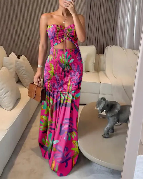 Tropical Print Halter Tie Shirred Frill Trim Cinched Waist Vacation Dress Ruched Cutout Front Slim Fit Ruffle Hem Mermaid Dress Multicolor