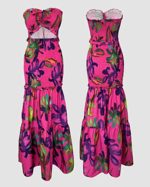 Floral Print Bandeau Sleeveless Shirred Hollow-out Maxi Dress Multicolor