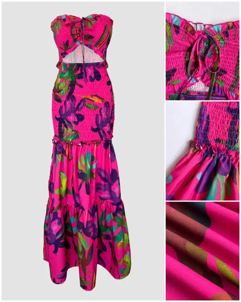 Floral Print Bandeau Sleeveless Shirred Hollow-out Maxi Dress Multicolor