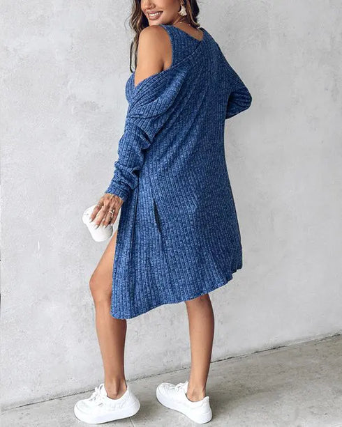 2 Pieces Outfit U-Neck Thick Strap Button Front Slim Fit Ribbed Knit Dress and Casual Long Sleeve Pockets Design Open Front Cardigan Coat Set blue