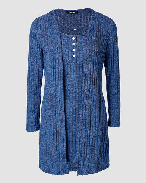 2 Pieces Outfit U-Neck Thick Strap Button Front Slim Fit Ribbed Knit Dress and Casual Long Sleeve Pockets Design Open Front Cardigan Coat Set blue