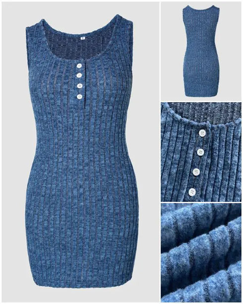 2 Pieces Outfit U-Neck Thick Strap Button Front Slim Fit Ribbed Knit Dress and Casual Long Sleeve Pockets Design Open Front Cardigan Coat Set blue