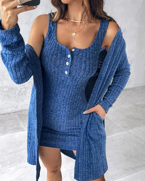 2 Pieces Outfit U-Neck Thick Strap Button Front Slim Fit Ribbed Knit Dress and Casual Long Sleeve Pockets Design Open Front Cardigan Coat Set blue