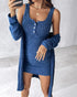 2 Pieces Outfit U-Neck Thick Strap Button Front Slim Fit Ribbed Knit Dress and Casual Long Sleeve Pockets Design Open Front Cardigan Coat Set blue