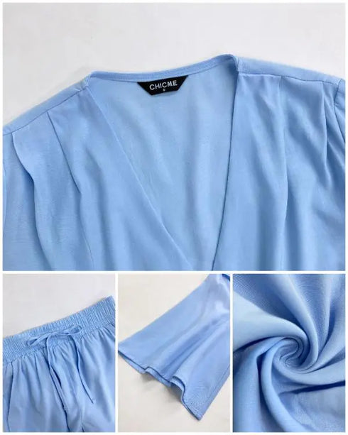 2 Pieces V Neck Button Decor Bell Sleeve Top and Casual Drawstring Stechy Waist Shorts Set blue
