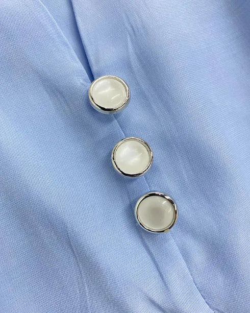 2 Pieces V Neck Button Decor Bell Sleeve Top and Casual Drawstring Stechy Waist Shorts Set blue