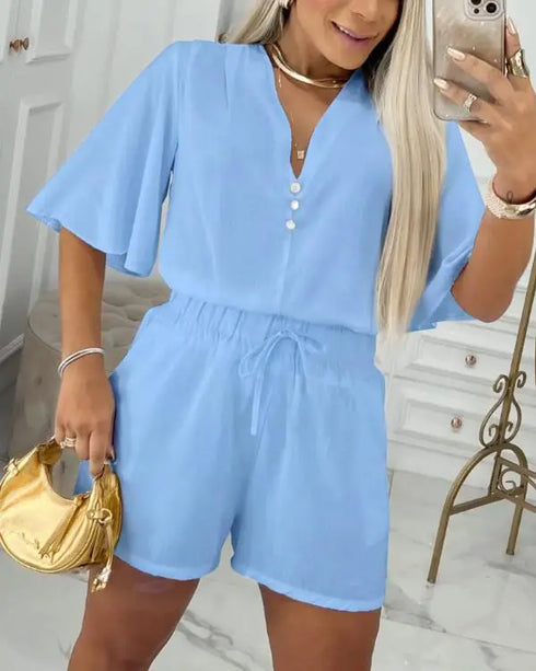 2 Pieces V Neck Button Decor Bell Sleeve Top and Casual Drawstring Stechy Waist Shorts Set blue