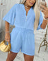 2 Pieces V Neck Button Decor Bell Sleeve Top and Casual Drawstring Stechy Waist Shorts Set blue
