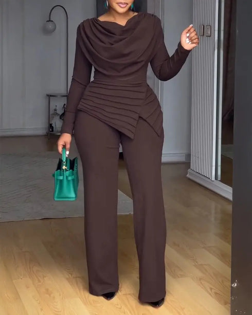 Cowl Neck Asymmetrical Textured Patchwork Cinched Waist Jumpsuit Casual Zipper Back Wide Leg Jumpsuit coffee