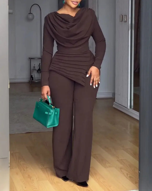 Cowl Neck Asymmetrical Textured Patchwork Cinched Waist Jumpsuit Casual Zipper Back Wide Leg Jumpsuit coffee