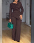 Cowl Neck Asymmetrical Textured Patchwork Cinched Waist Jumpsuit Casual Zipper Back Wide Leg Jumpsuit coffee