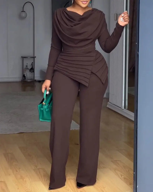 Cowl Neck Asymmetrical Textured Patchwork Cinched Waist Jumpsuit Casual Zipper Back Wide Leg Jumpsuit coffee