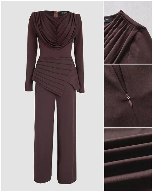 Cowl Neck Asymmetrical Textured Patchwork Cinched Waist Jumpsuit Casual Zipper Back Wide Leg Jumpsuit coffee