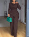 Cowl Neck Asymmetrical Textured Patchwork Cinched Waist Jumpsuit Casual Zipper Back Wide Leg Jumpsuit coffee