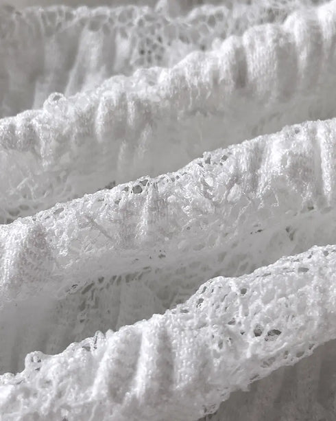 2 Pieces Outfit Turn-down Collar Lantern Sleeve Button Front Top and Elastic Waist Double Layer Ruffle Hem Shorts Set Casual Jacquard Floral Lace Skort Set white