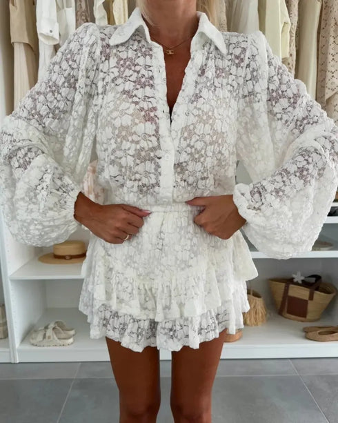 2 Pieces Outfit Turn-down Collar Lantern Sleeve Button Front Top and Elastic Waist Double Layer Ruffle Hem Shorts Set Casual Jacquard Floral Lace Skort Set white
