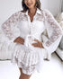 2 Pieces Outfit Turn-down Collar Lantern Sleeve Button Front Top and Elastic Waist Double Layer Ruffle Hem Shorts Set Casual Jacquard Floral Lace Skort Set white