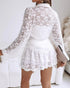 2 Pieces Outfit Turn-down Collar Lantern Sleeve Button Front Top and Elastic Waist Double Layer Ruffle Hem Shorts Set Casual Jacquard Floral Lace Skort Set white