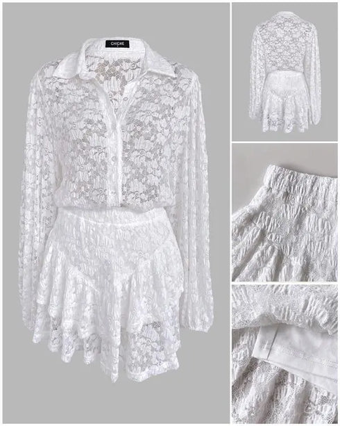 2 Pieces Outfit Turn-down Collar Lantern Sleeve Button Front Top and Elastic Waist Double Layer Ruffle Hem Shorts Set Casual Jacquard Floral Lace Skort Set white