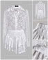 2 Pieces Outfit Turn-down Collar Lantern Sleeve Button Front Top and Elastic Waist Double Layer Ruffle Hem Shorts Set Casual Jacquard Floral Lace Skort Set white