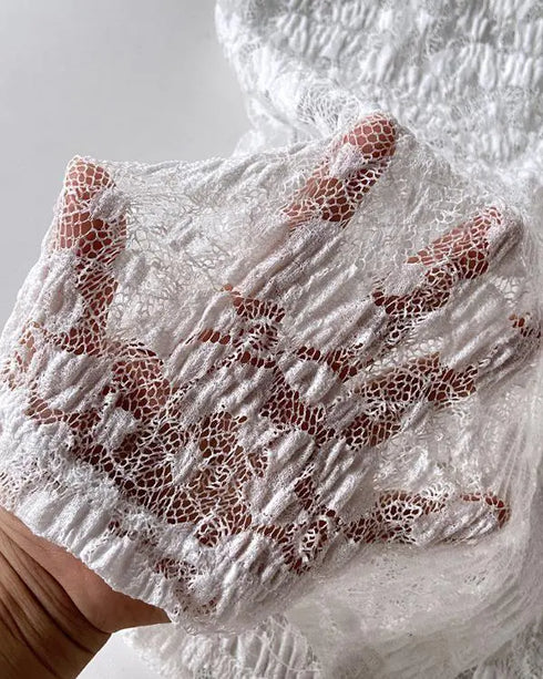 2 Pieces Outfit Turn-down Collar Lantern Sleeve Button Front Top and Elastic Waist Double Layer Ruffle Hem Shorts Set Casual Jacquard Floral Lace Skort Set white