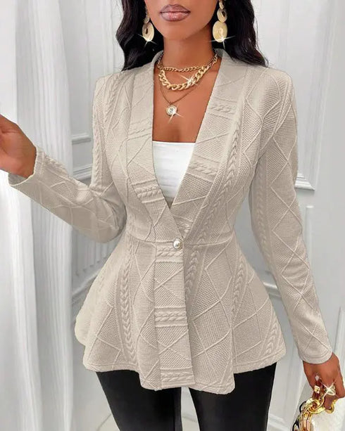 Shawl Collar Cable Textured Single Breasted Ruffle Hem Coat Light Khaki