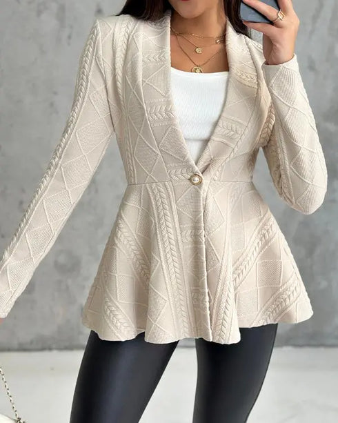 Shawl Collar Cable Textured Single Breasted Ruffle Hem Coat Light Khaki