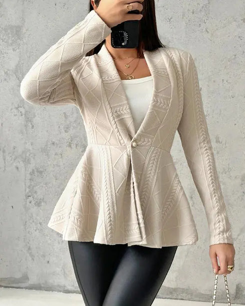 Shawl Collar Cable Textured Single Breasted Ruffle Hem Coat Light Khaki