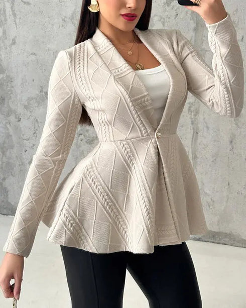 Shawl Collar Cable Textured Single Breasted Ruffle Hem Coat Light Khaki