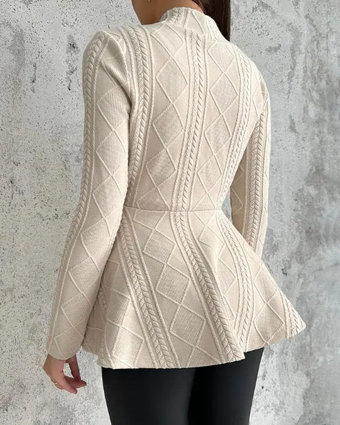 Shawl Collar Cable Textured Single Breasted Ruffle Hem Coat Light Khaki