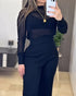 Round Neck Long Sleeve Vertical Pit Texture Top and Casual Wide Leg Pants Set black