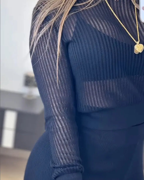 Round Neck Long Sleeve Vertical Pit Texture Top and Casual Wide Leg Pants Set black