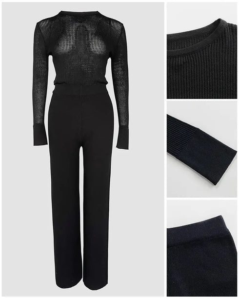 Round Neck Long Sleeve Vertical Pit Texture Top and Casual Wide Leg Pants Set black