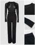 Round Neck Long Sleeve Vertical Pit Texture Top and Casual Wide Leg Pants Set black