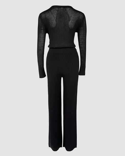 Round Neck Long Sleeve Vertical Pit Texture Top and Casual Wide Leg Pants Set black