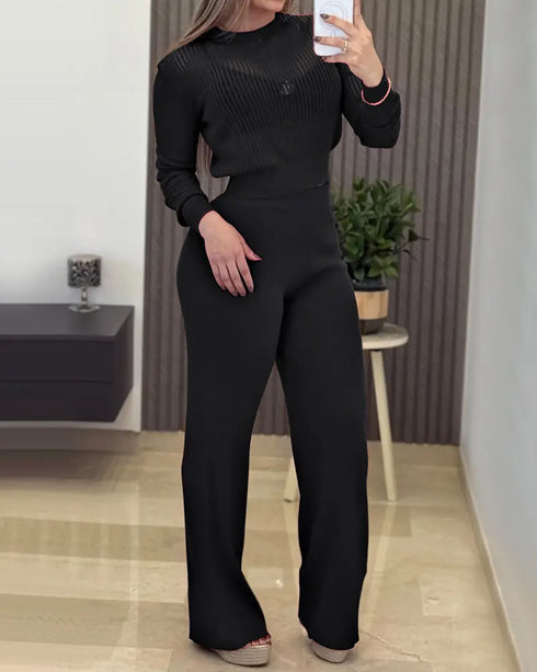 Round Neck Long Sleeve Vertical Pit Texture Top and Casual Wide Leg Pants Set black