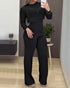 Round Neck Long Sleeve Vertical Pit Texture Top and Casual Wide Leg Pants Set black