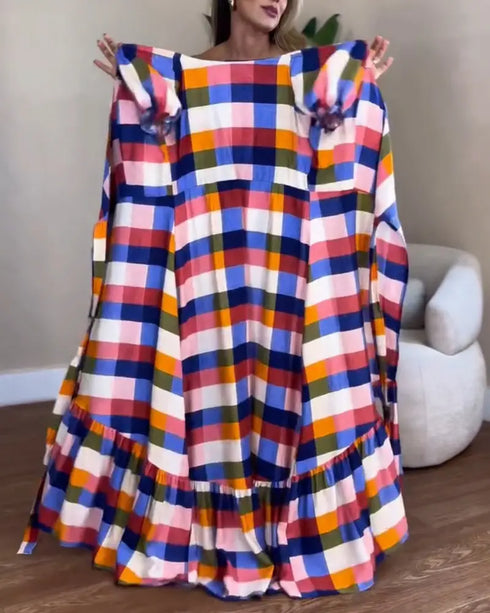 Colorful Plaid Print Overlap V-Neck Puff Sleeve Wrap Lace-Up Vacation Dress Casual Bow Tie Waist Ruffle Hem Maxi Dress Multicolor
