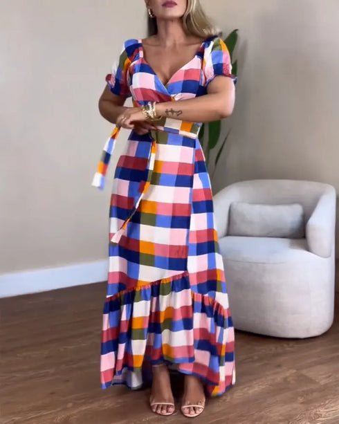 Colorful Plaid Print Overlap V-Neck Puff Sleeve Wrap Lace-Up Vacation Dress Casual Bow Tie Waist Ruffle Hem Maxi Dress Multicolor