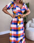 Colorful Plaid Print Overlap V-Neck Puff Sleeve Wrap Lace-Up Vacation Dress Casual Bow Tie Waist Ruffle Hem Maxi Dress Multicolor